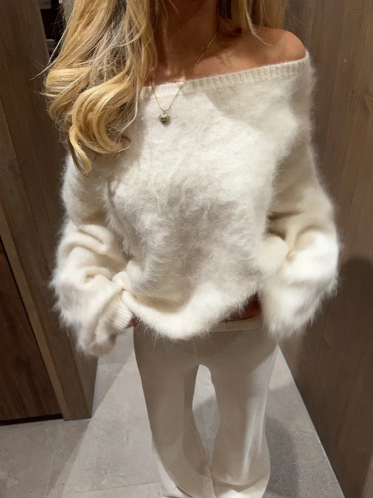 Women's Fuzzy Knit Jumper with Round Neckline