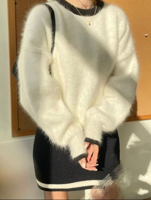 Women's Fuzzy Knit Jumper with Round Neckline