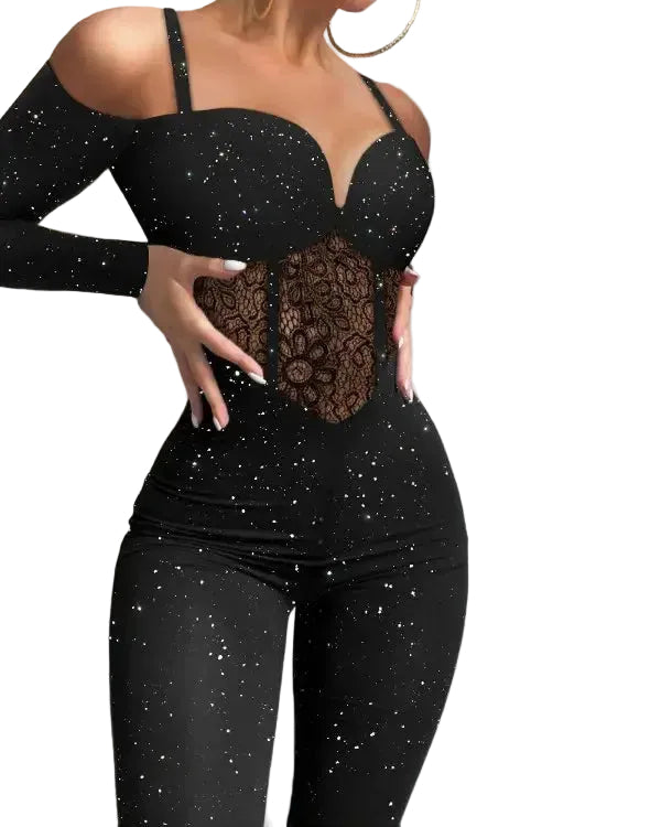Ladies Long-Sleeved Glitter Jumpsuit with Heart Neckline, Lace Insert, and Cold-Shoulder Sleeves