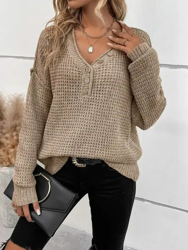 Women's Henley Neckline Knit Sweater with Button Front