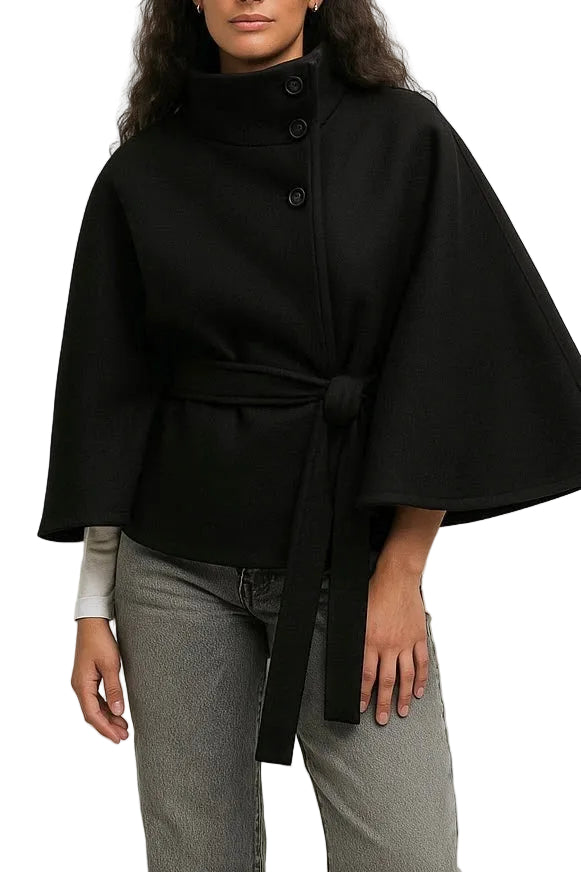 Women's High-Collar Cape Jacket with Button-Front Closure and Wide Sleeves