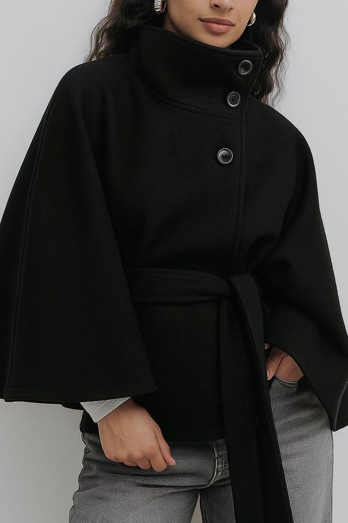 Women's High-Collar Cape Jacket with Button-Front Closure and Wide Sleeves