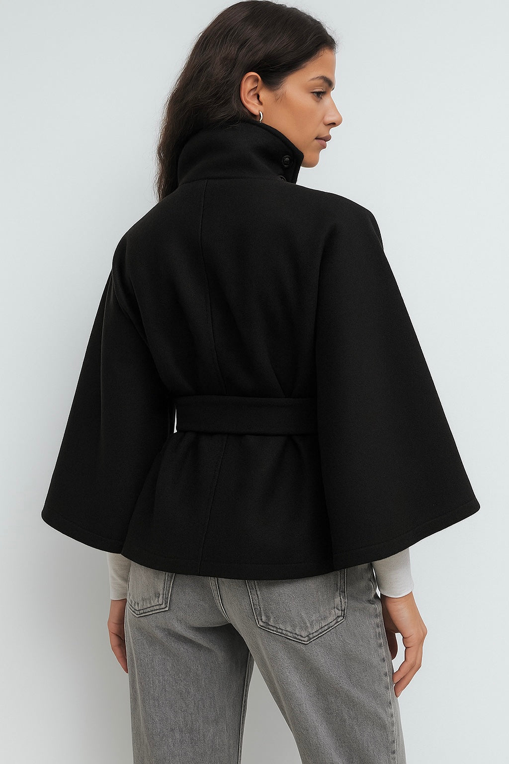 Women's High-Collar Cape Jacket with Button-Front Closure and Wide Sleeves