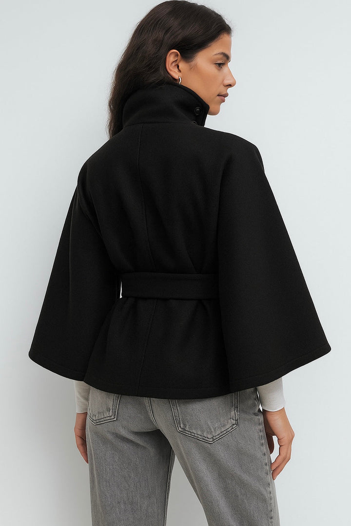 Women's High-Collar Cape Jacket with Button-Front Closure and Wide Sleeves