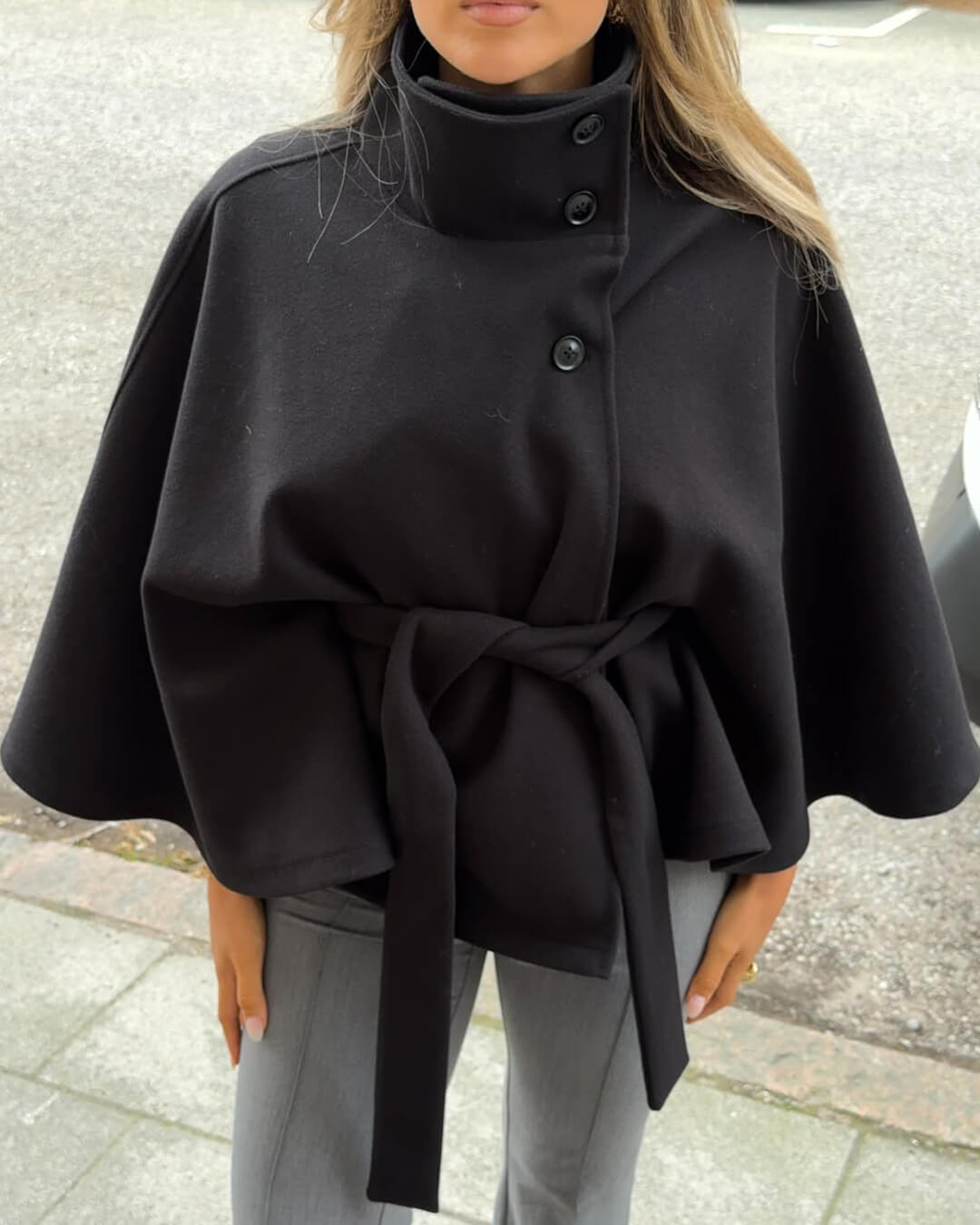 Women's High-Collar Cape Jacket with Button-Front Closure and Wide Sleeves