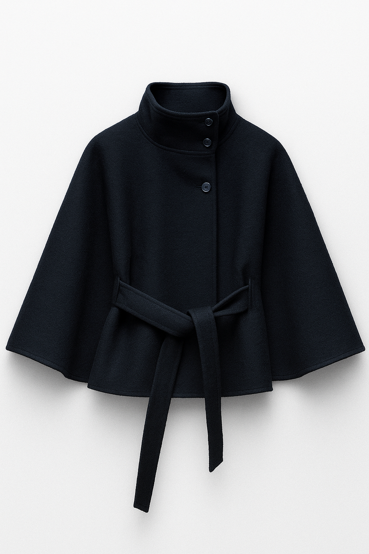 Women's High-Collar Cape Jacket with Button-Front Closure and Wide Sleeves