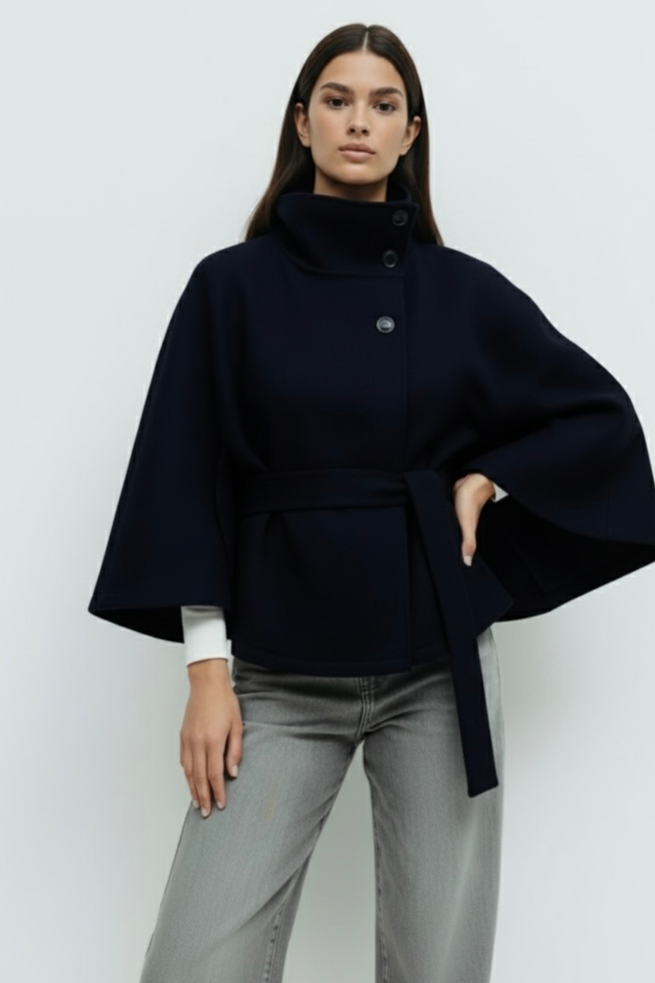 Women's High-Collar Cape Jacket with Button-Front Closure and Wide Sleeves
