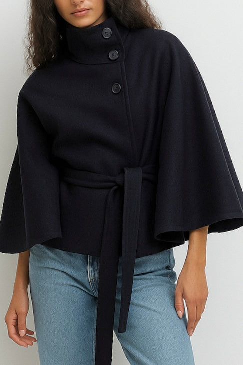 Women's High-Collar Cape Jacket with Button-Front Closure and Wide Sleeves