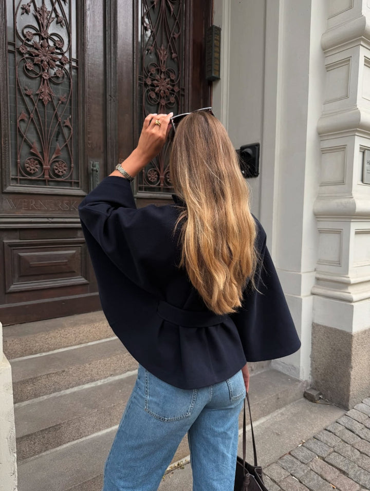 Women's High-Collar Cape Jacket with Button-Front Closure and Wide Sleeves