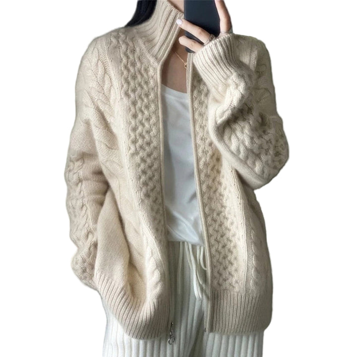 Women's High Collar Cardigan with Cable Knit Texture and Button-Front Closure