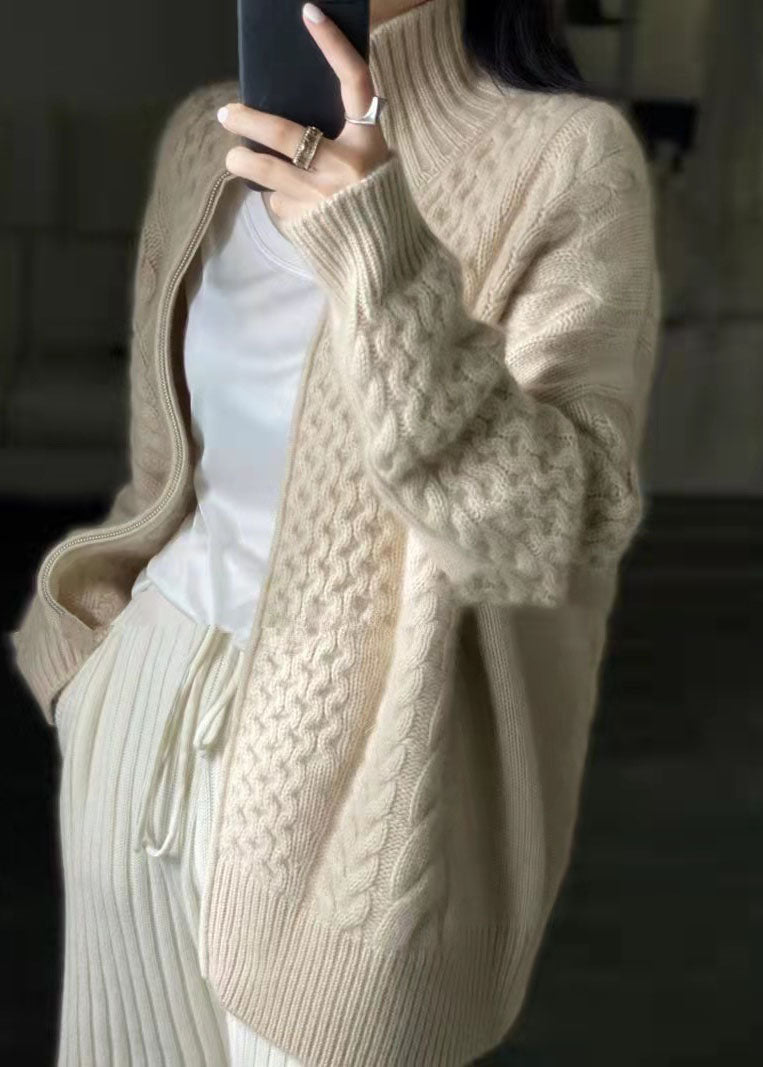 Women's High Collar Cardigan with Cable Knit Texture and Button-Front Closure