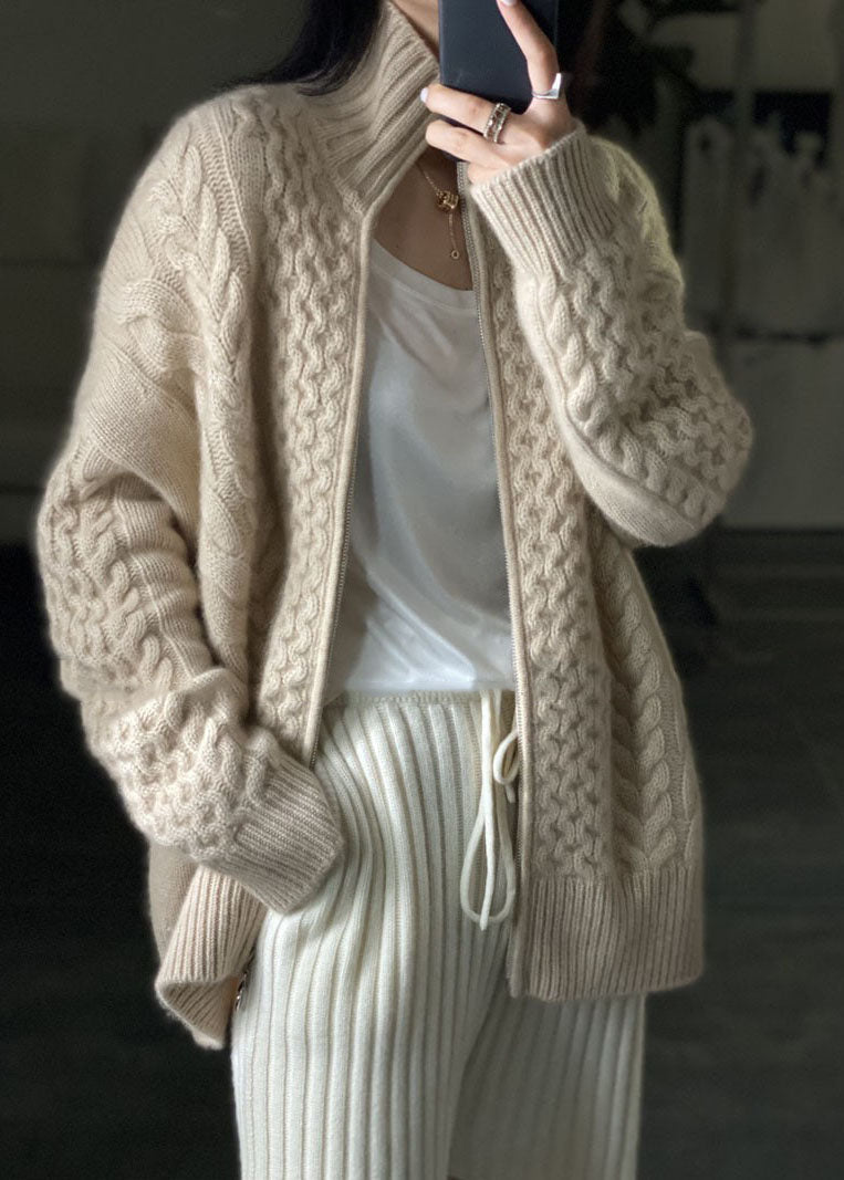 Women's High Collar Cardigan with Cable Knit Texture and Button-Front Closure