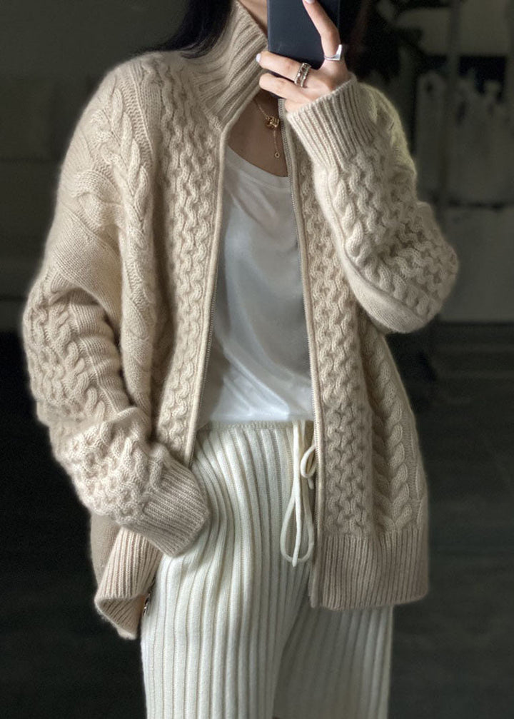 Women's High Collar Cardigan with Cable Knit Texture and Button-Front Closure