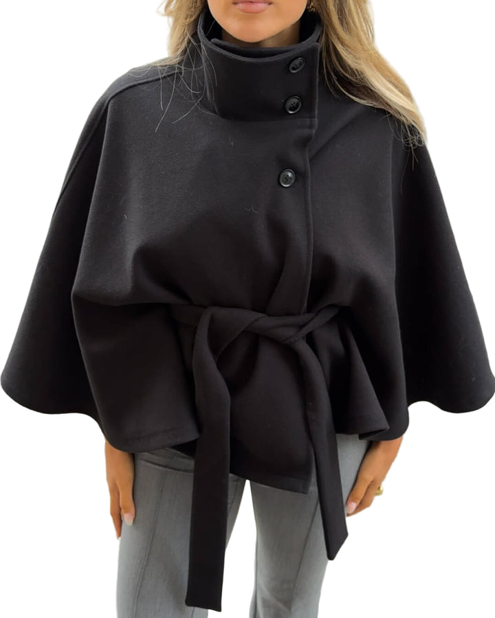 Women's High Neck Cape Jacket with Belt Tie