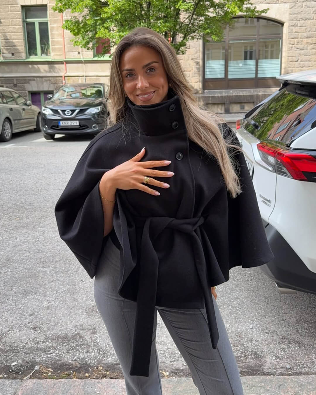 Women's High Neck Cape Jacket with Belt Tie