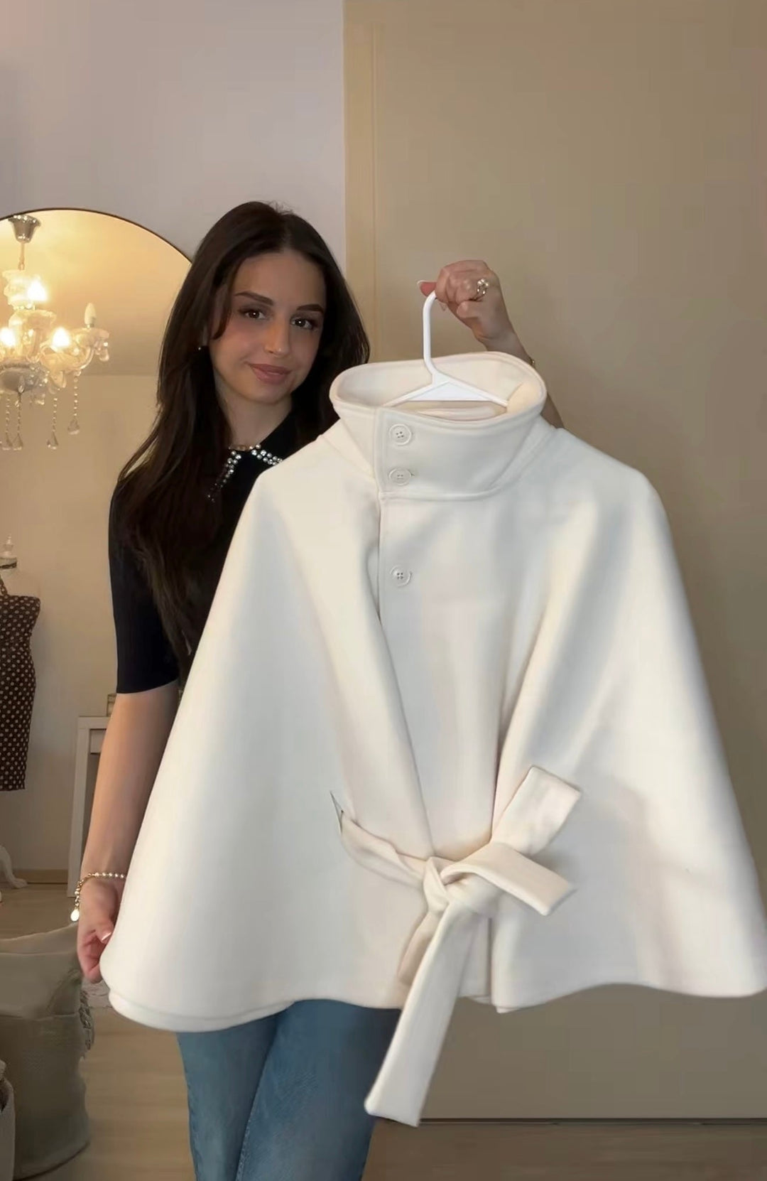 Women's High Neck Cape Jacket with Belt Tie