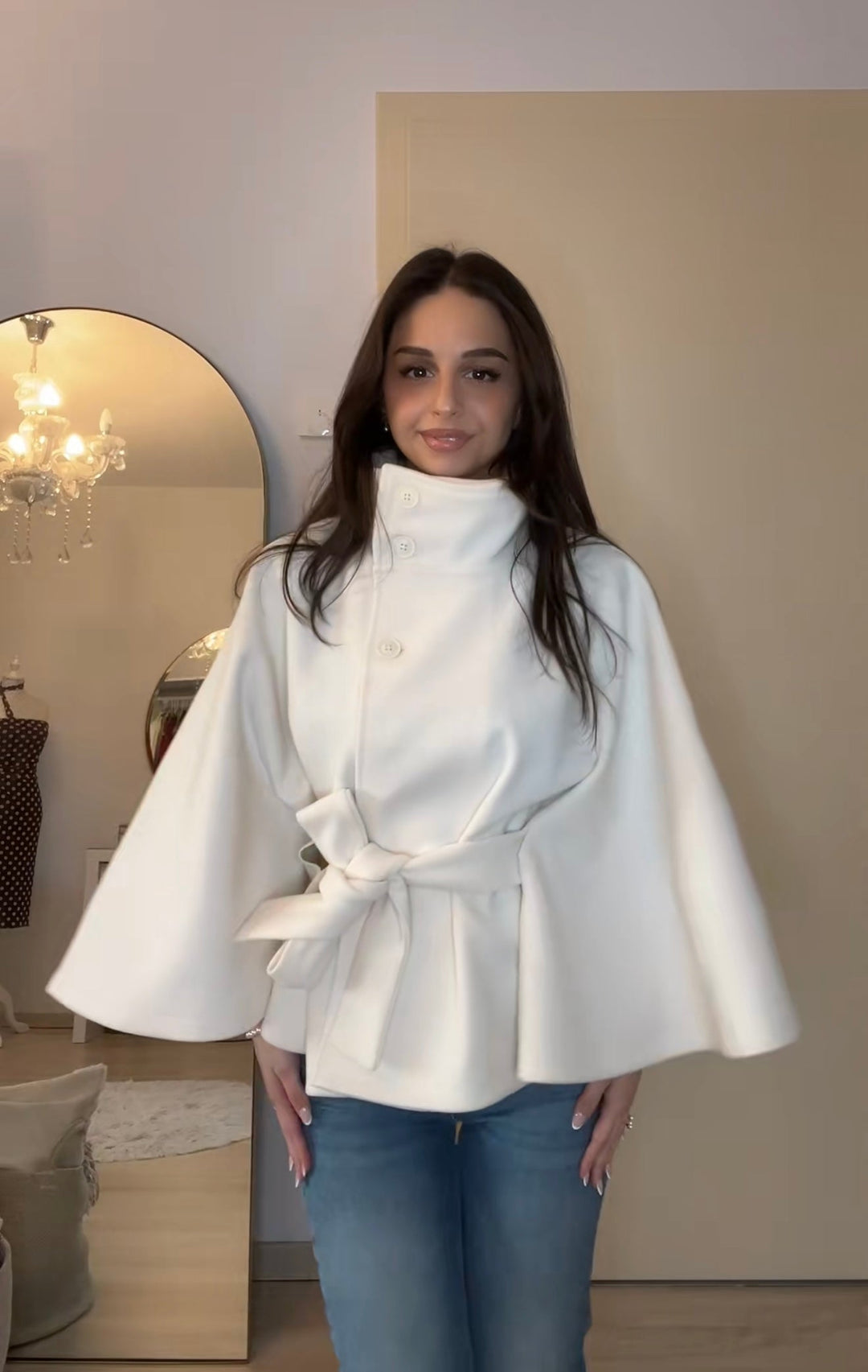 Women's High Neck Cape Jacket with Belt Tie