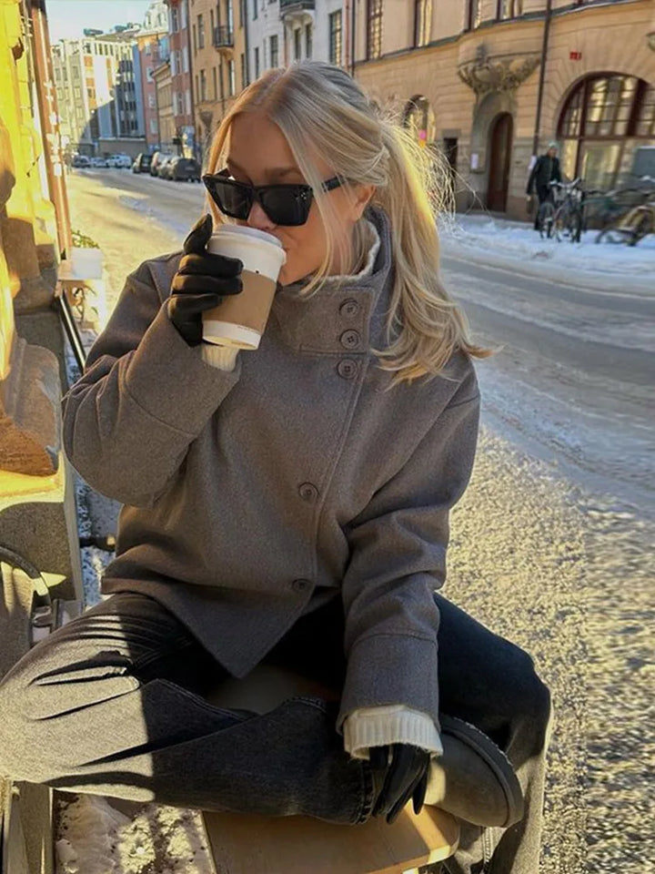 Women's High Neck Jacket with Button Front Closure