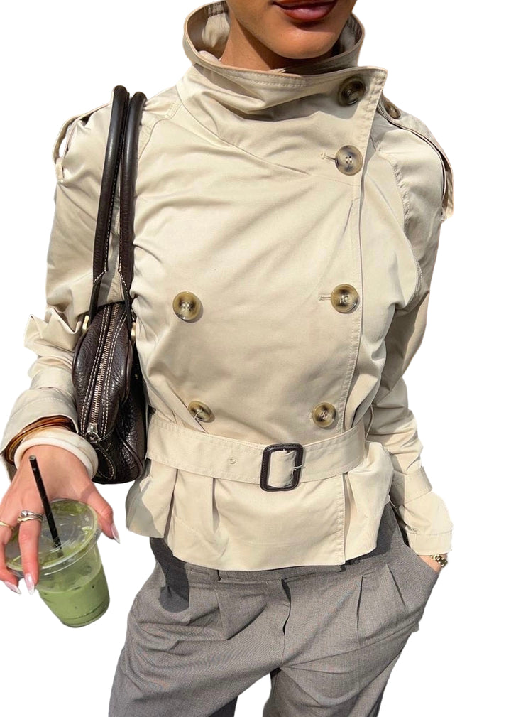 Women's High Neck Trench Coat with Waist Belt