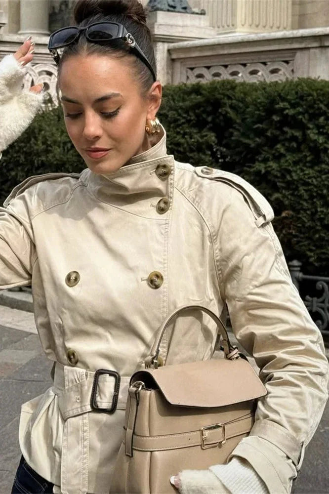 Women's High Neck Trench Coat with Waist Belt