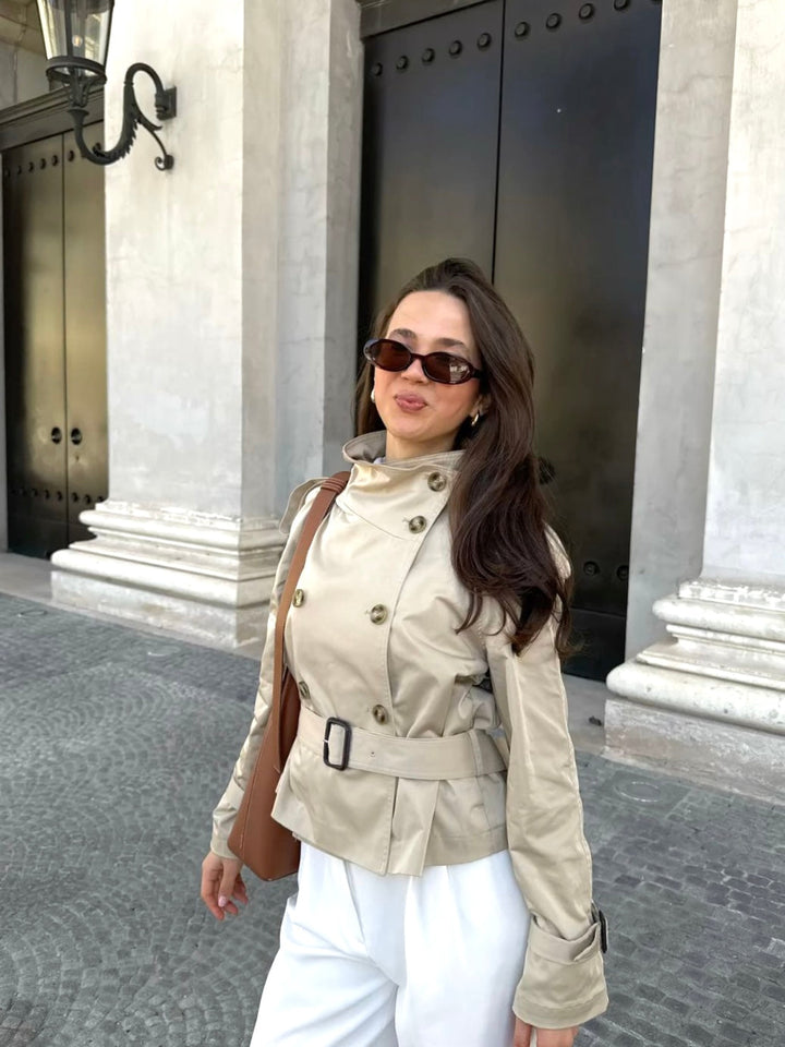 Women's High Neck Trench Coat with Waist Belt