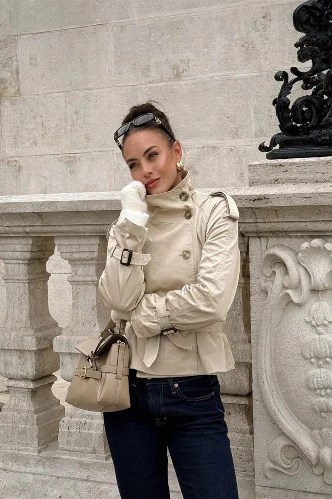 Women's High Neck Trench Coat with Waist Belt