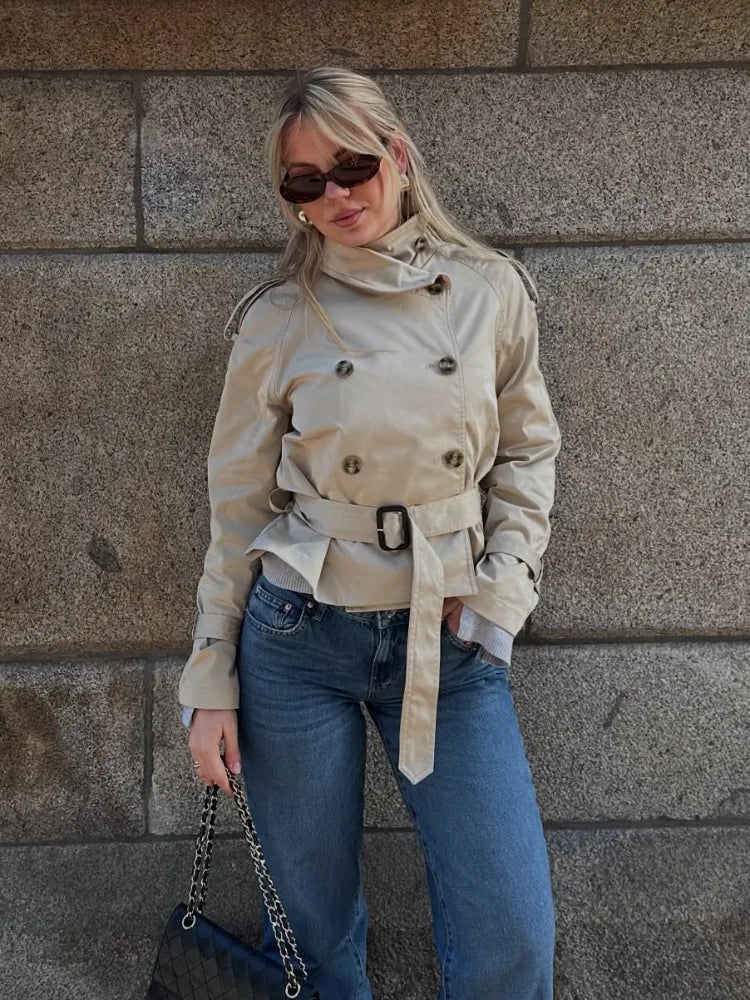 Women's High Neck Trench Coat with Waist Belt
