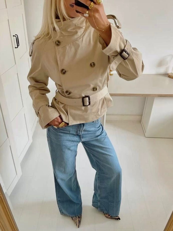 Women's High Neck Trench Coat with Waist Belt