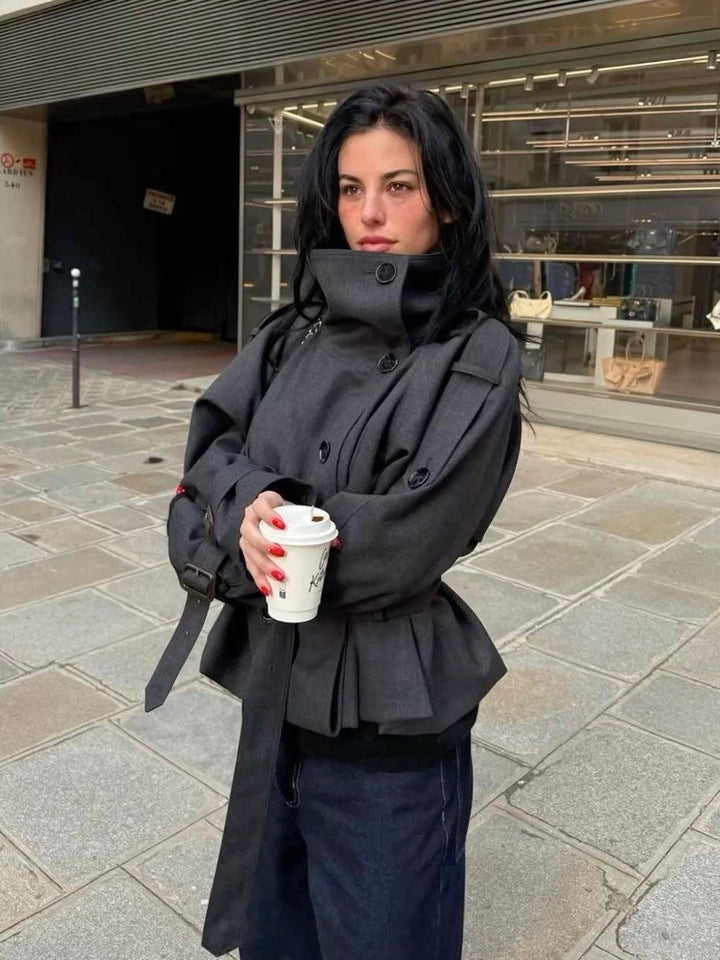 Women's High Neck Trench Coat with Waist Belt