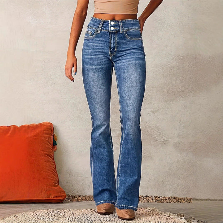 Women's High-Waisted Flared Jeans with Full-Length Leg and Button Closure