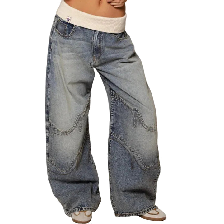 Women's High-Waisted Wide-Leg Jeans with Faded Wash and Five-Pocket Detail