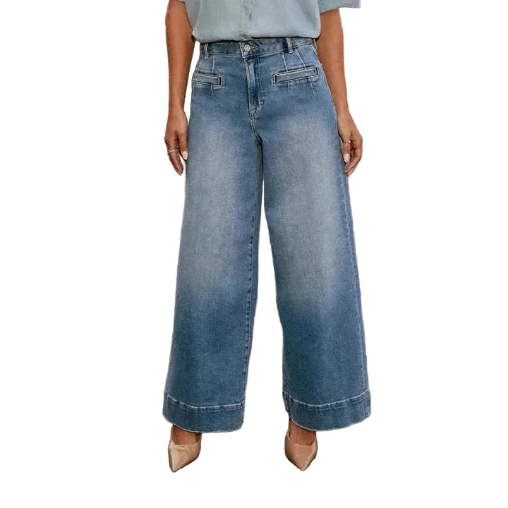 Women's High-Waisted Wide-Leg Trousers with Button Closure and Pockets