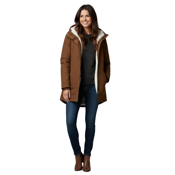 Women's Hooded Long Coat with Button-Front Closure and Side Pockets