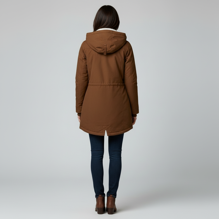 Women's Hooded Long Coat with Button-Front Closure and Side Pockets