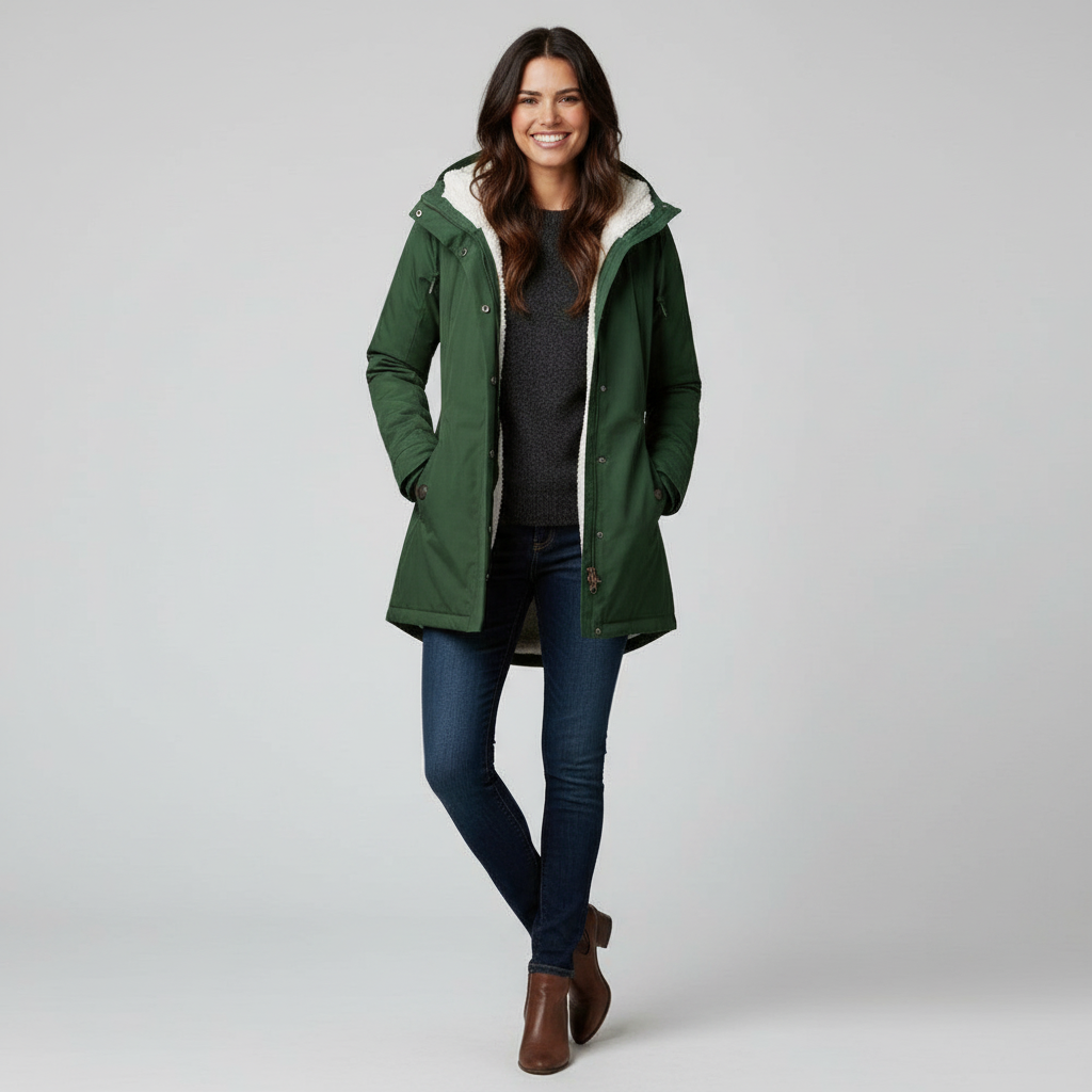 Women's Hooded Long Coat with Button-Front Closure and Side Pockets