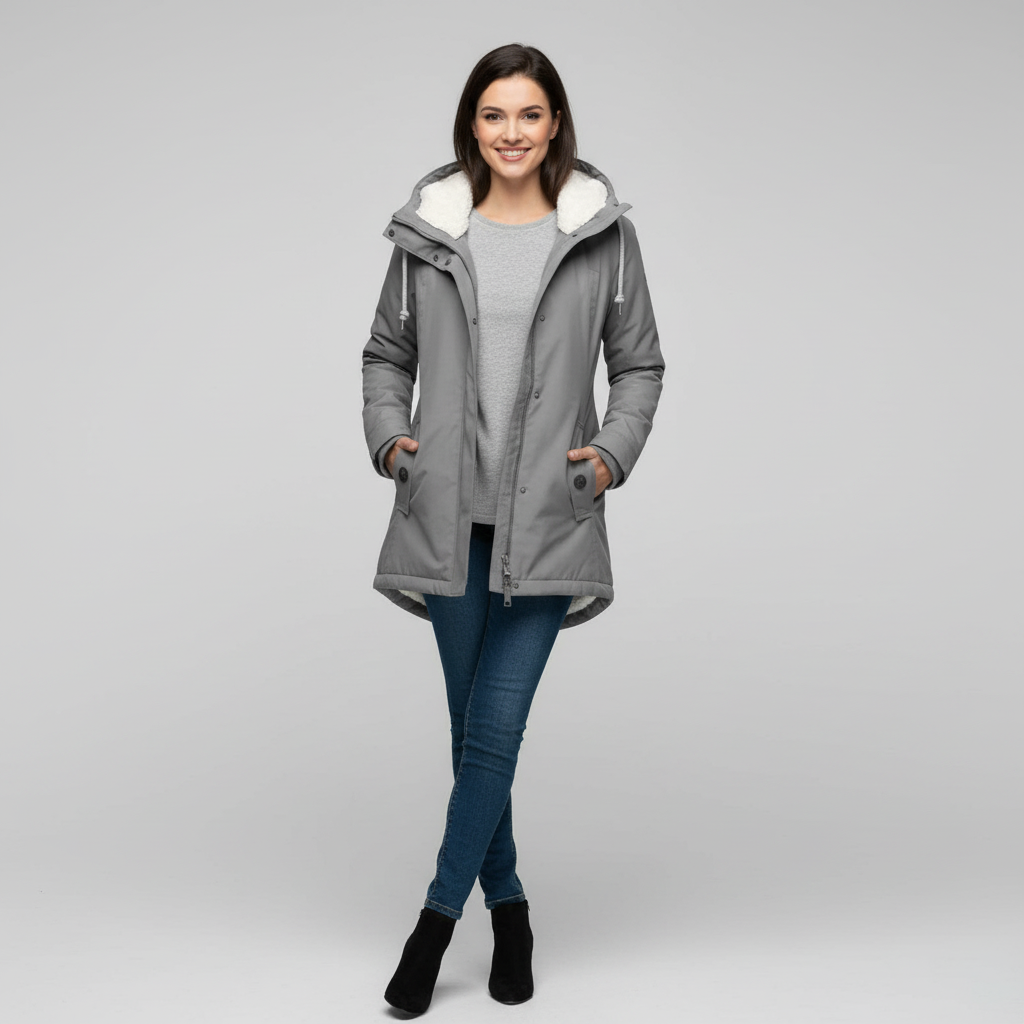 Women's Hooded Long Coat with Button-Front Closure and Side Pockets