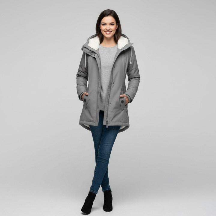 Women's Hooded Long Coat with Button-Front Closure and Side Pockets