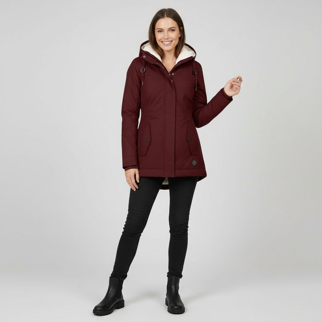Women's Hooded Long Coat with Button-Front Closure and Side Pockets