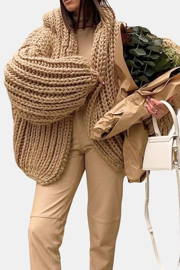 Women's Hooded Open-Front Cardigan with Chunky Knit Texture and Long Sleeves