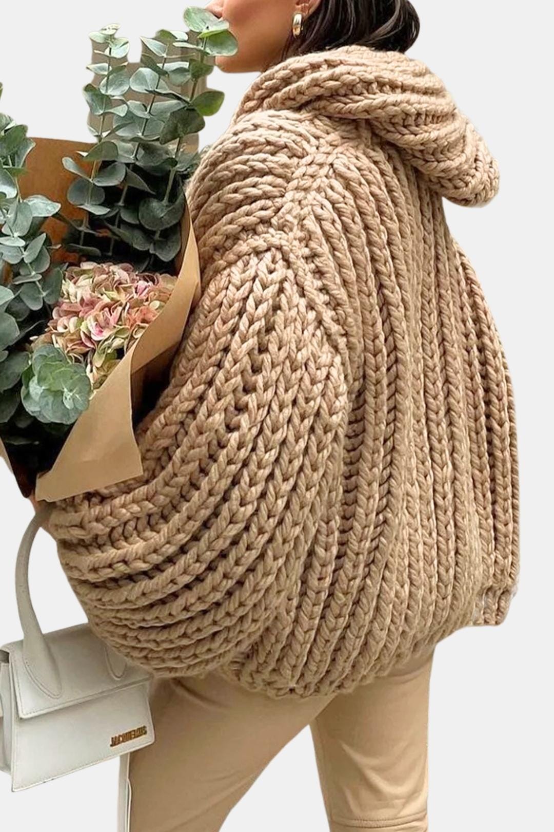 Women's Hooded Open-Front Cardigan with Chunky Knit Texture and Long Sleeves