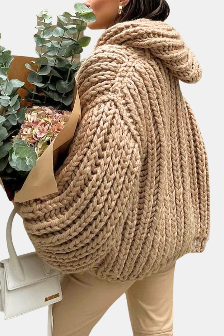Women's Hooded Open-Front Cardigan with Chunky Knit Texture and Long Sleeves