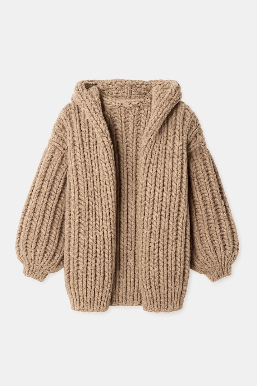 Women's Hooded Open-Front Cardigan with Chunky Knit Texture and Long Sleeves