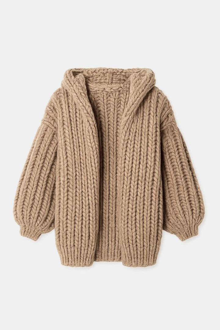 Women's Hooded Open-Front Cardigan with Chunky Knit Texture and Long Sleeves