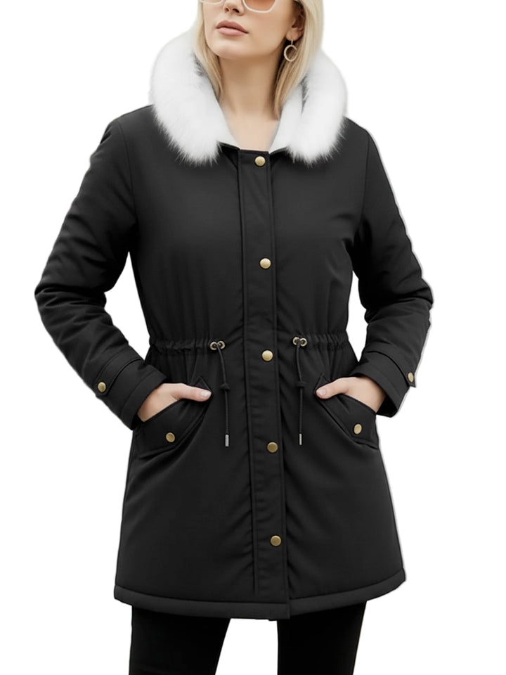 Women's Hooded Parka Coat with Contrast Fleece Trim and Zip Front