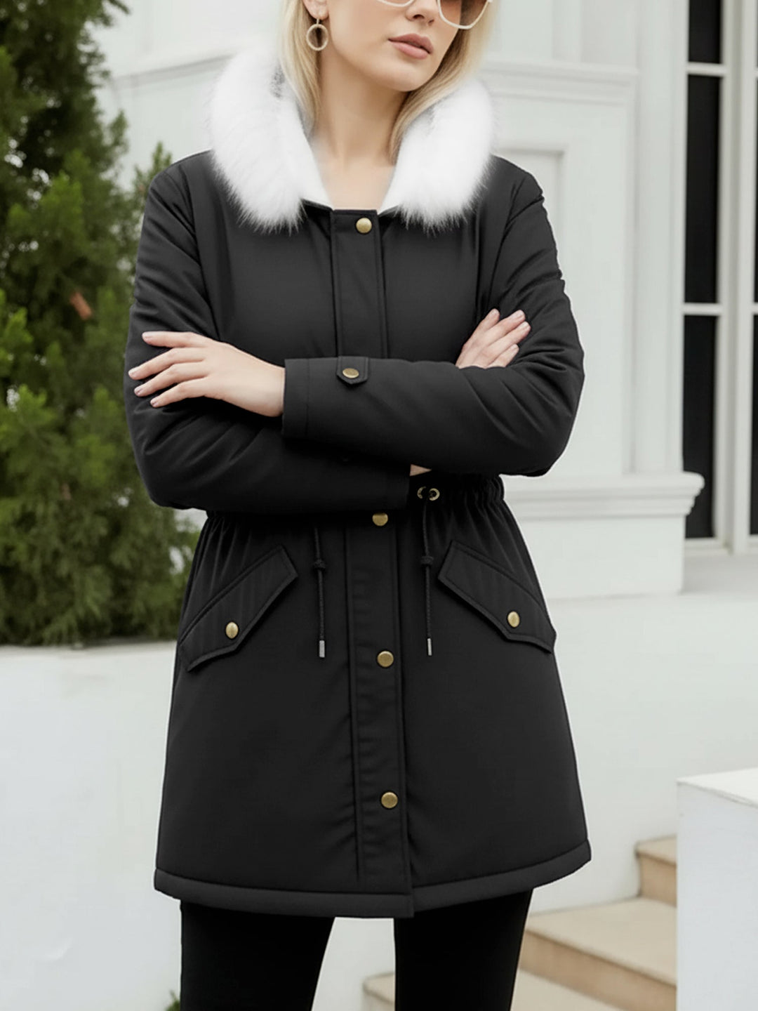 Women's Hooded Parka Coat with Contrast Fleece Trim and Zip Front