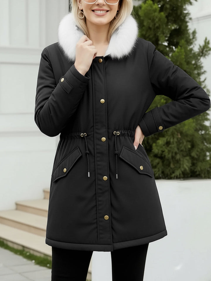 Women's Hooded Parka Coat with Contrast Fleece Trim and Zip Front