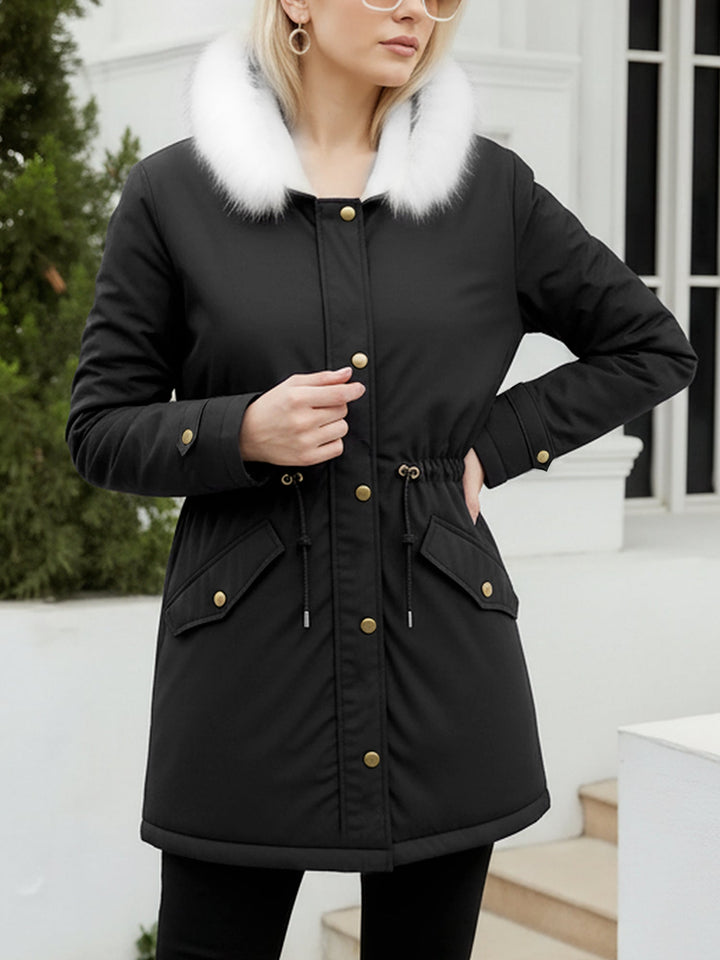 Women's Hooded Parka Coat with Contrast Fleece Trim and Zip Front