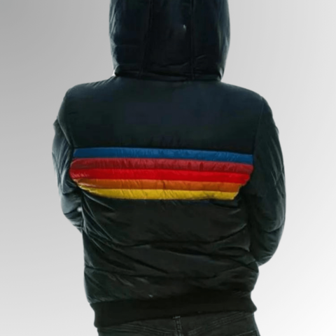 Women's Hooded Puffer Jacket with Colour Block Stripe Design