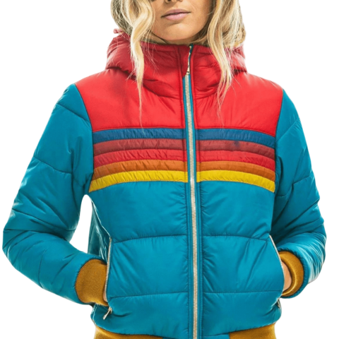 Women's Hooded Puffer Jacket with Colour Block Stripe Design