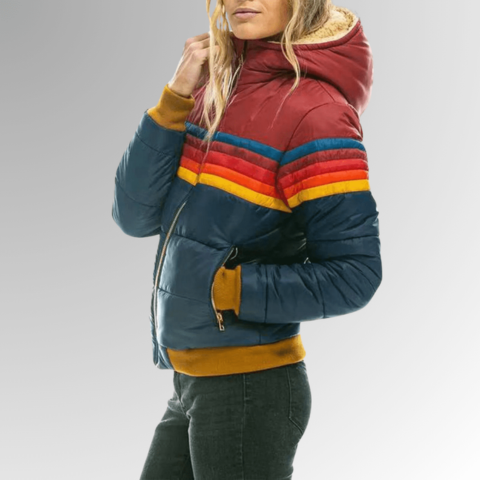 Women's Hooded Puffer Jacket with Colour Block Stripe Design